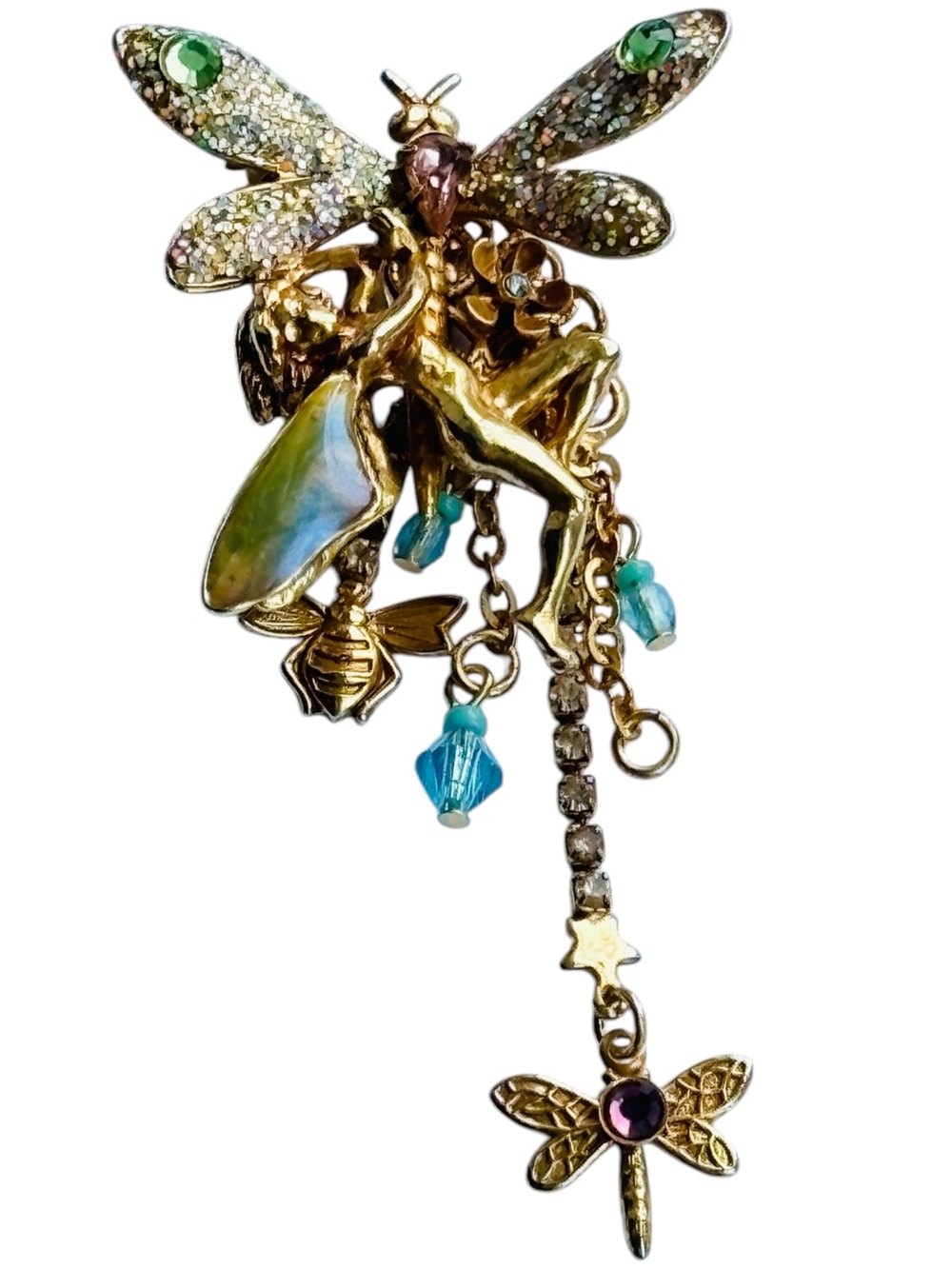 Kirks Folly Vintage 90s Fairy Bee Dragonfly Dangle Charm Brooch Pin Enamel 2.5”